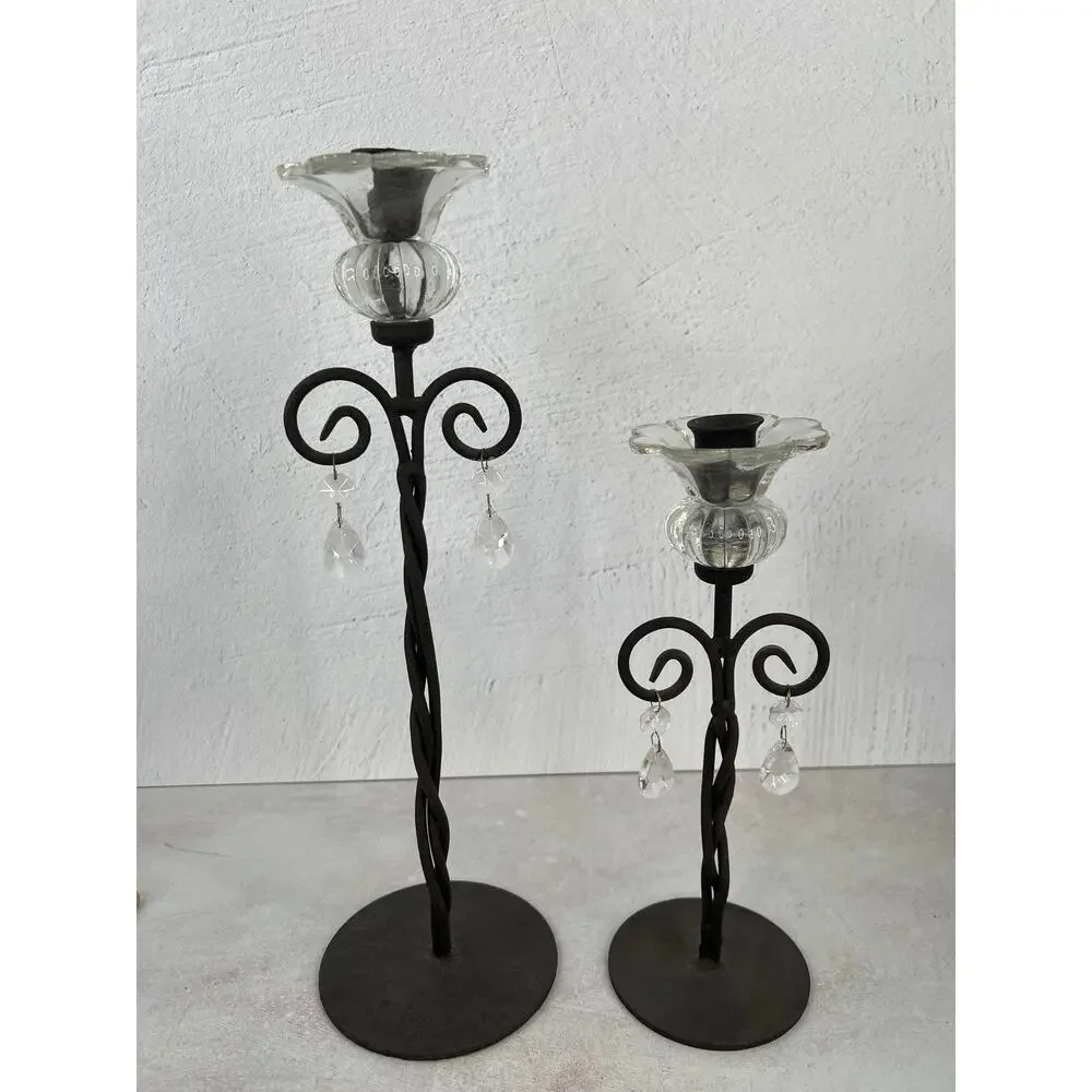 Wrought Iron Scroll‎ Candle Holders Glass Ornate Decorative Pair